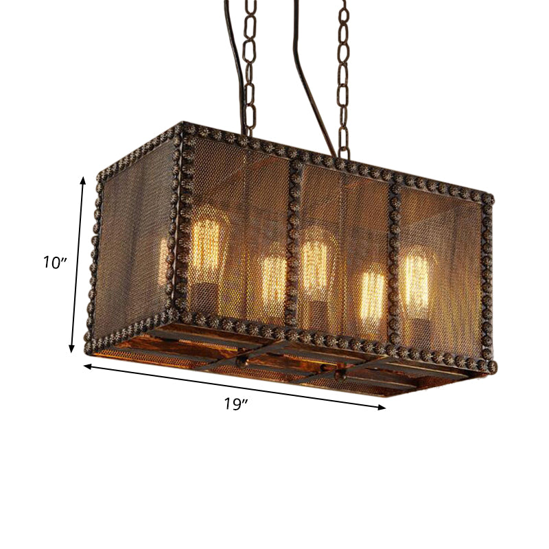 Rectangle Cage Metal Chandelier Lighting with Mesh Screen and Rivets Antique Style 6-Light Indoor Ceiling Light Fixture in Rust