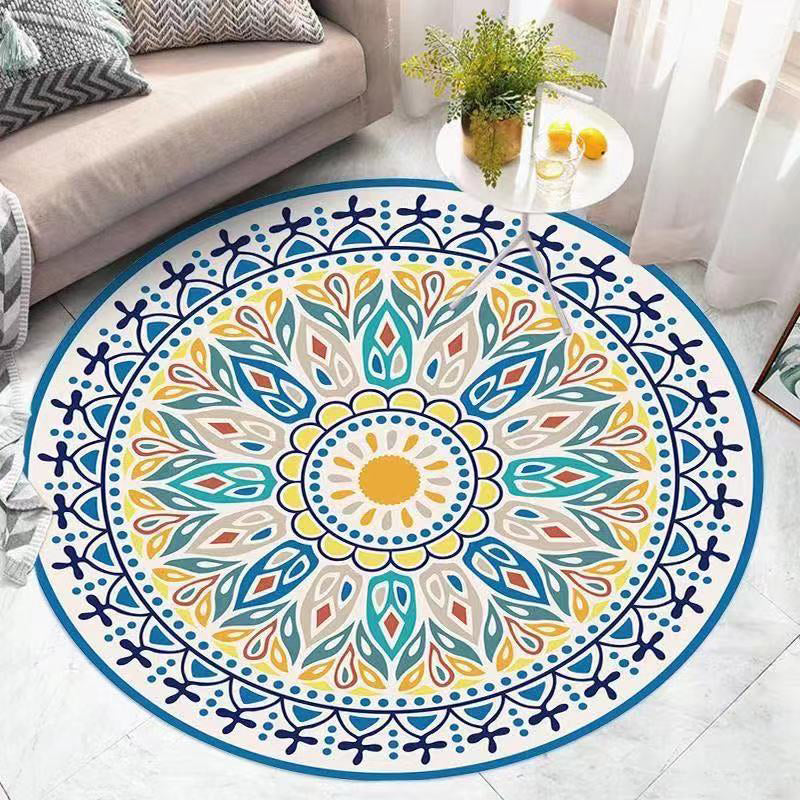 Retro Ethnic Style Round Rug Polyester Rug Stain Resistant Rug for Living Room Bedroom