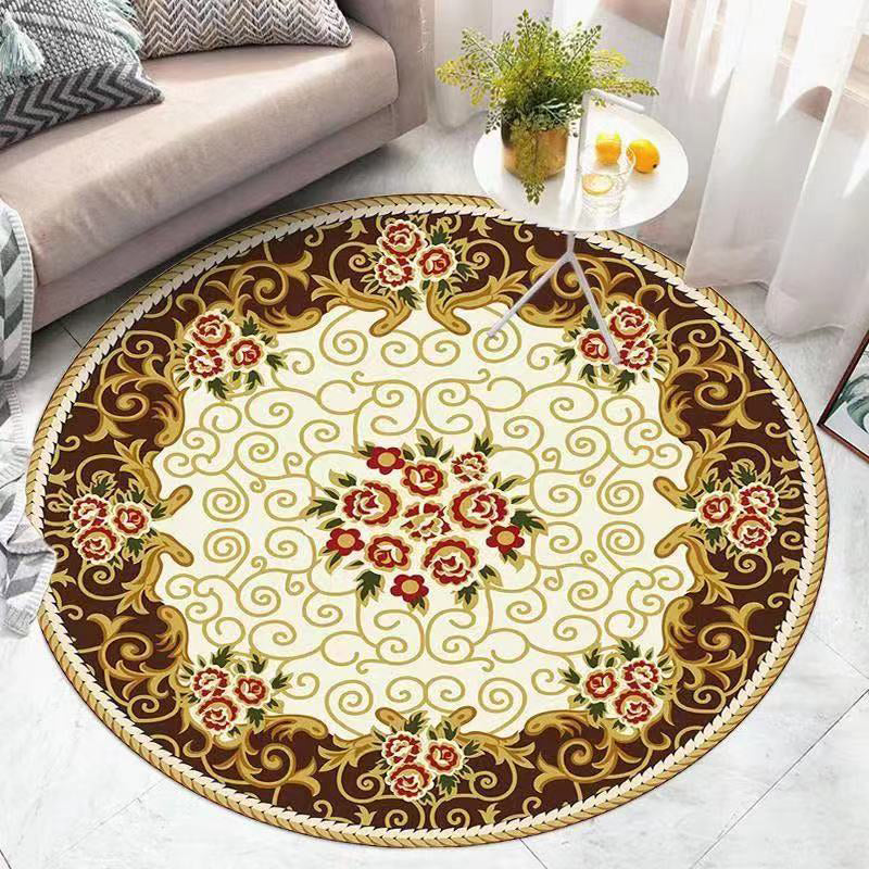 Retro Ethnic Style Round Rug Polyester Rug Stain Resistant Rug for Living Room Bedroom