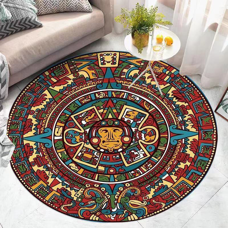 Retro Ethnic Style Round Rug Polyester Rug Stain Resistant Rug for Living Room Bedroom