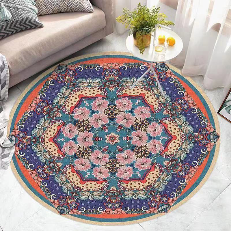 Retro Ethnic Style Round Rug Polyester Rug Stain Resistant Rug for Living Room Bedroom