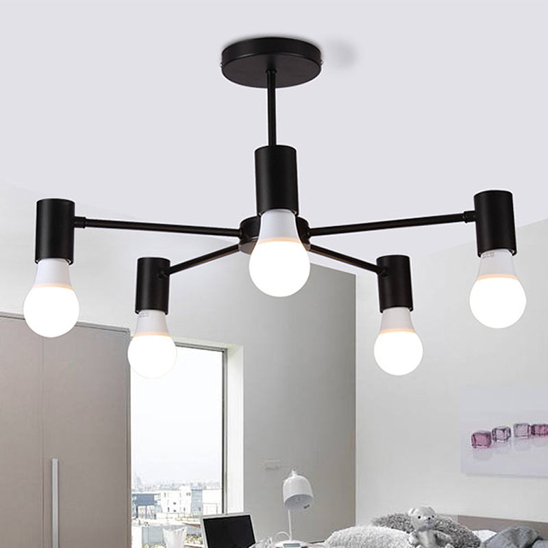 3/5 Heads Semi Flush Light with Open Bulb Metallic Industrial Style Bedroom Ceiling Light Fixture in Black/White