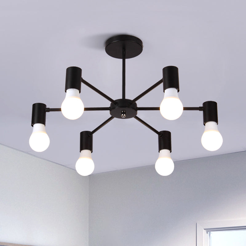 3/5 Heads Semi Flush Light with Open Bulb Metallic Industrial Style Bedroom Ceiling Light Fixture in Black/White