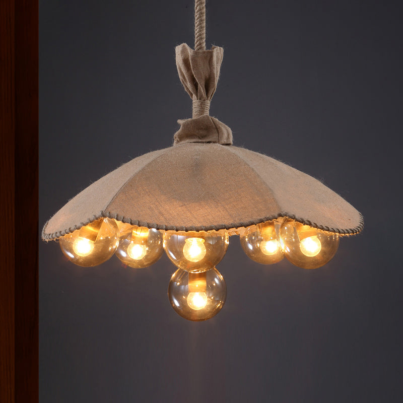 Beige Fabric Scalloped Pendant Light Lodge 6 Heads Living Room Chandelier Lighting with Inner Glass Ball Shade