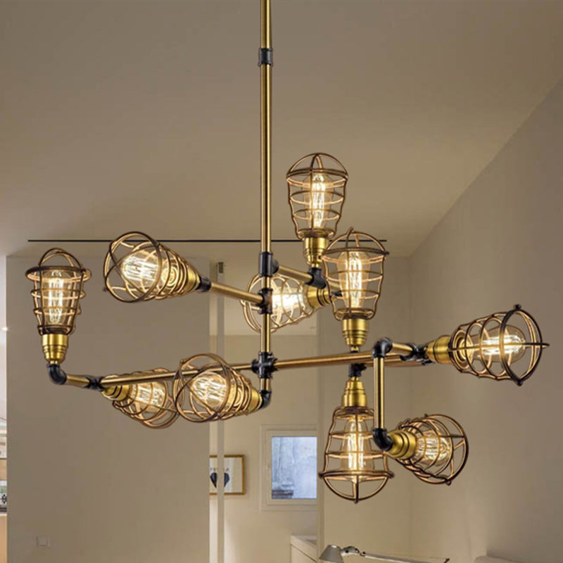 Multi Light Caged Chandelier Lighting with Bulb Shaped Vintage Loft Brushed Brass Metallic Mini Pendant Lamp