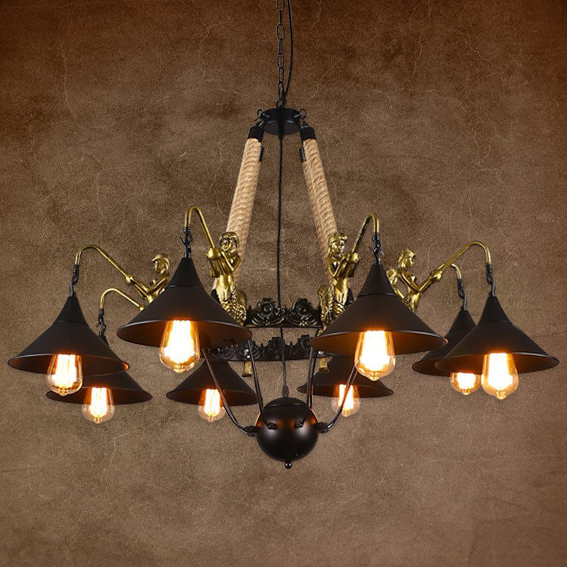 Industrial Bell Chandelier Light 6/8 Bulbs Metal and Rope Suspension Light with Mermaid Deco in Black