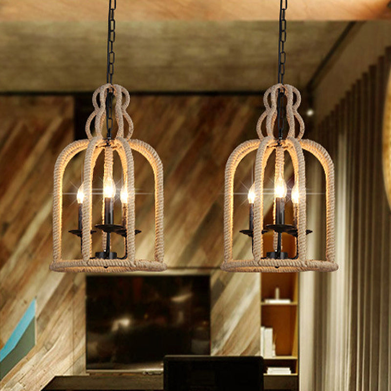 3 Heads Pendant Light Fixture Retro Style Birdcage Rope Hanging Lamp in Brown for Dining Room