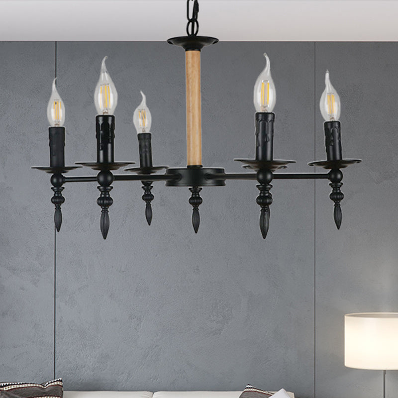 Black Finish Candle Chandelier Lamp Antique Metal and Wood 6 Heads Restaurant Chandelier Pendant Light