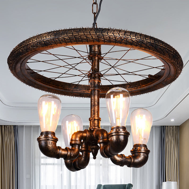 Wheel Design Living Room Chandelier Lamp Vintage Style Metal 4 Lights Rust Pendant Light with Pipe