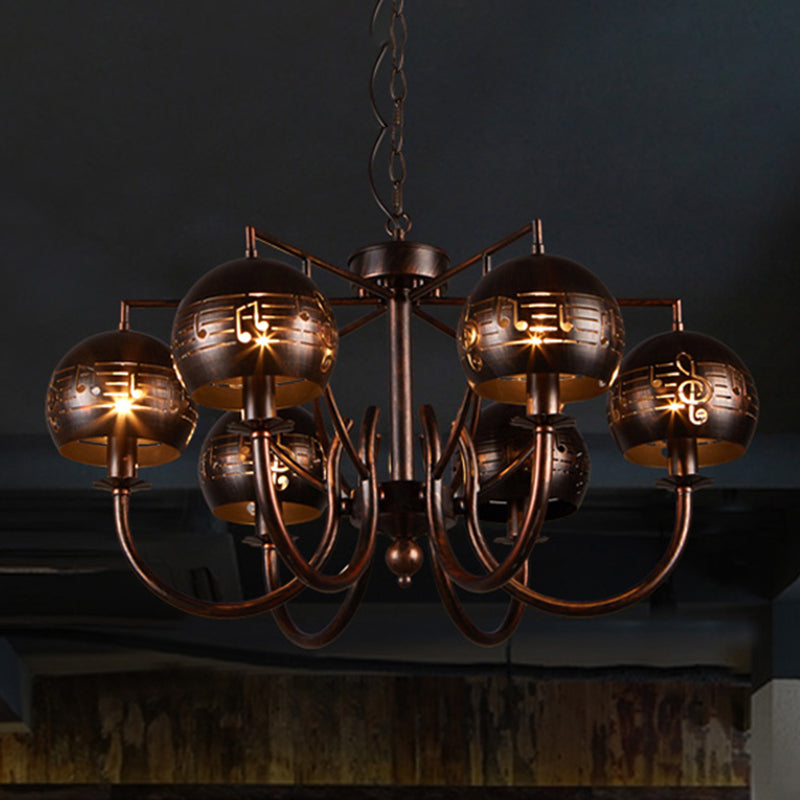 Retro Domed Shade Chandelier with Musical Note Metal 6-Light Rust Pendant Light for Restaurant