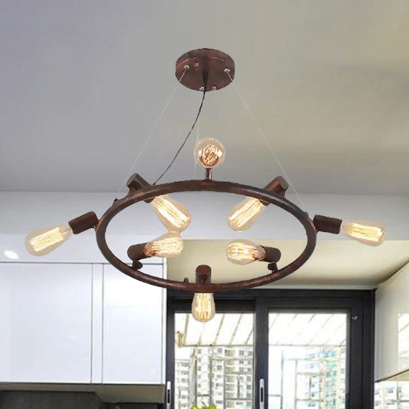 8/12 Lights Circular Hanging Light with Open Bulb Antique Stylish Dark Rust Wrought Iron Chandelier Light Fixture