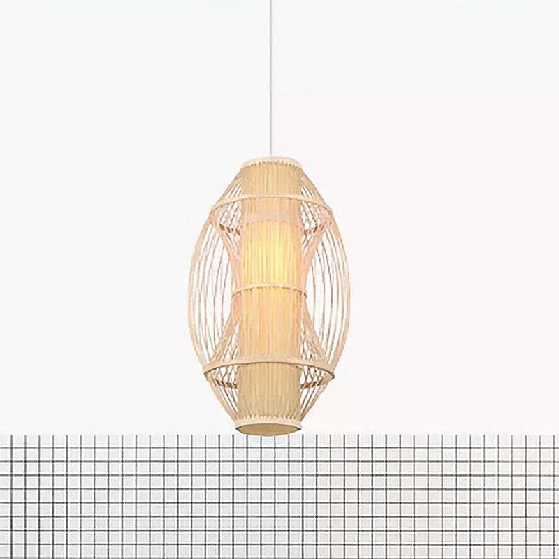 Beige Oblong Shade Hanging Pendant Light Contemporary 1 Head Bamboo Hanging Lamp for Kitchen