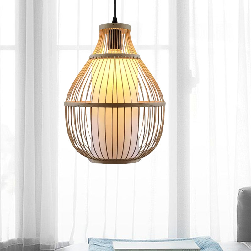 Teardrop Hanging Lamp Lodge Style Bamboo 1 Head Beige Pendant Lighting with Inner Cylinder Paper Shade