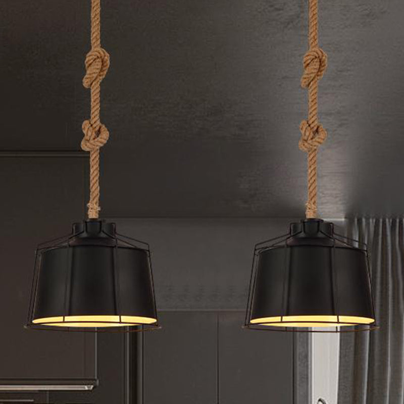 Metallic Tapered Decke Anhänger leichter Loft Style 1 Light Restaurant Deckenleuchte mit Drahtrahmen und Seilkabel in Schwarz