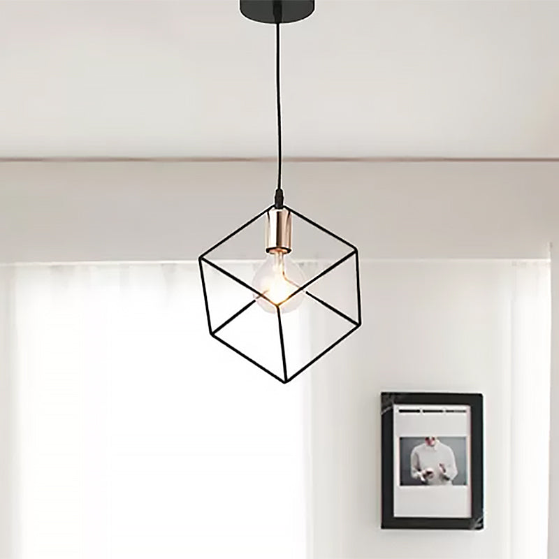 1 Light Squared Cage Ceiling Lighting Retro Style Black Finish Metal Hanging Light Fixture for Living Room