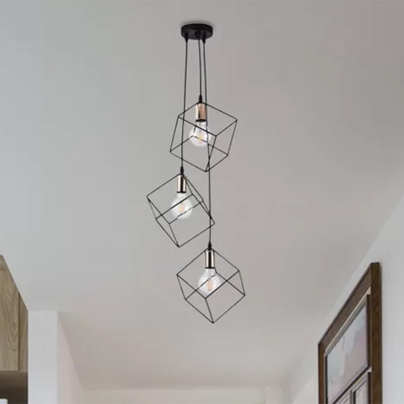 Square Suspension Light 3 Lights Metal Industrial Pendant Lighting in Black for Foyer