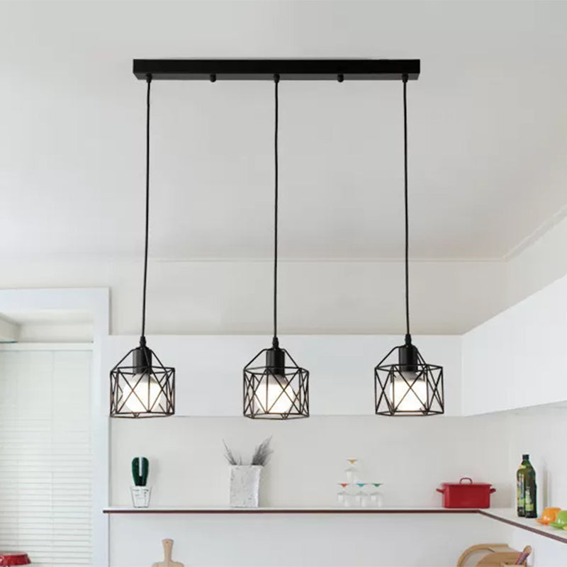 Hexagon Kitchen Ceiling Fixture with Wire Cage Farmhouse Style Metallic 3 Bulbs Black Finish Pendant Light