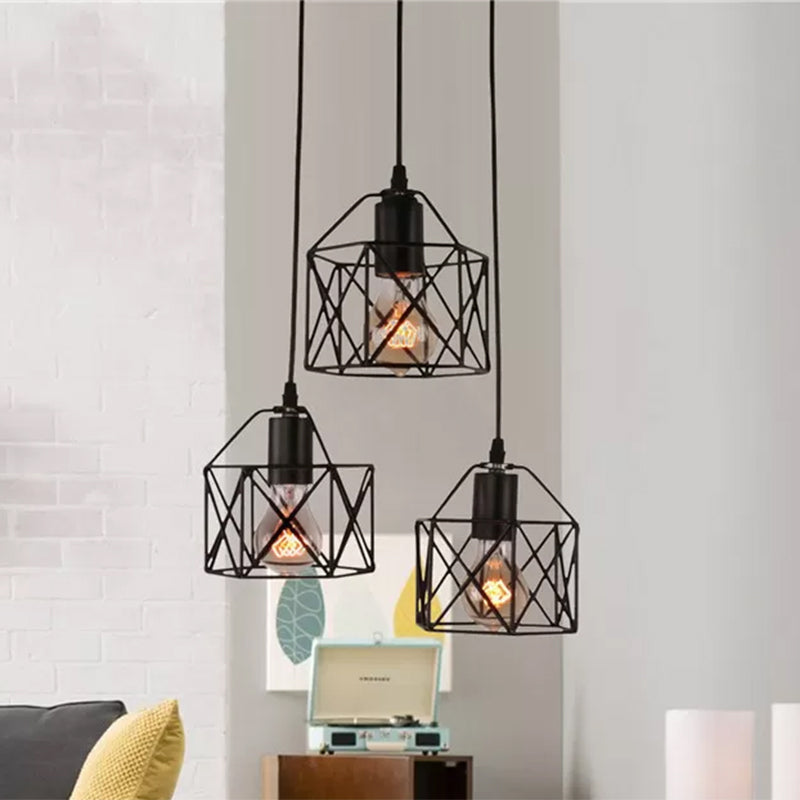 Hexagon Kitchen Ceiling Fixture with Wire Cage Farmhouse Style Metallic 3 Bulbs Black Finish Pendant Light