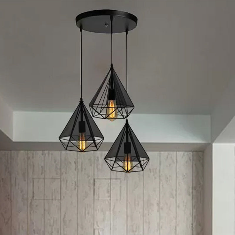 Cage diamante nera Light Hanging Style Retro Metallic 3 teste Sala da pranzo Illuminazione a sospensione con baldacchino rotondo/lineare