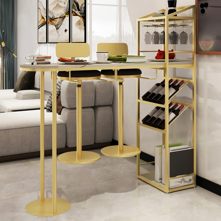 Glam Style Bar Table Stone Top Pub Table with Wine Cabinet for Dining Room