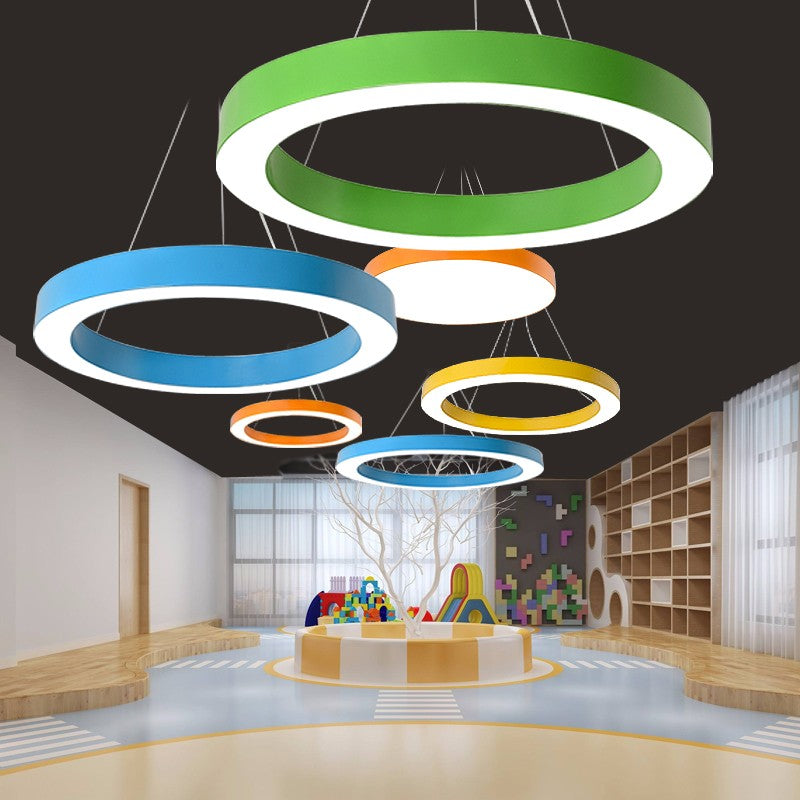 Circular Kindergarten Ceiling Pendant Metallic Minimalist LED Suspension Light