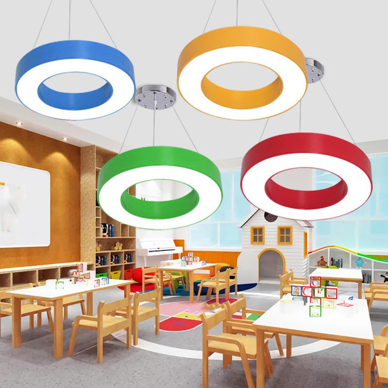 Circular Kindergarten Ceiling Pendant Metallic Minimalist LED Suspension Light