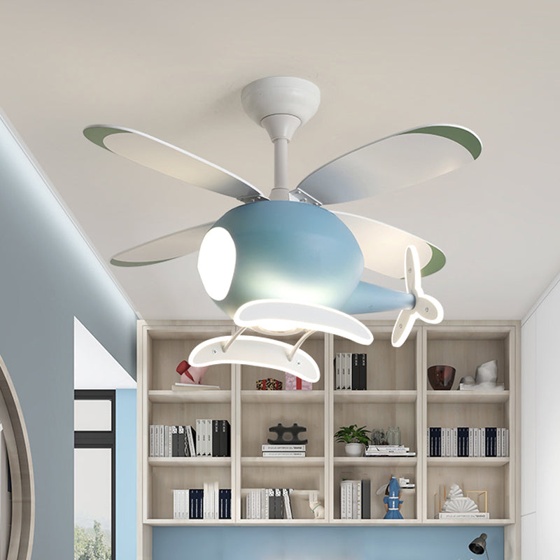 Cartoon Style Ceiling Fan Lamp Metal Semi Flush Mount Light Fixture with Wood Fan Blade