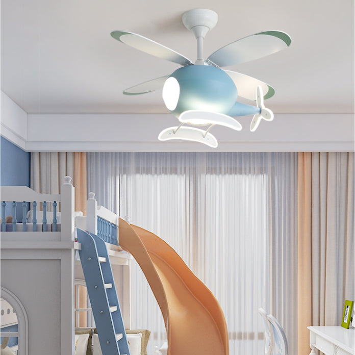 Cartoon Style Ceiling Fan Lamp Metal Semi Flush Mount Light Fixture with Wood Fan Blade