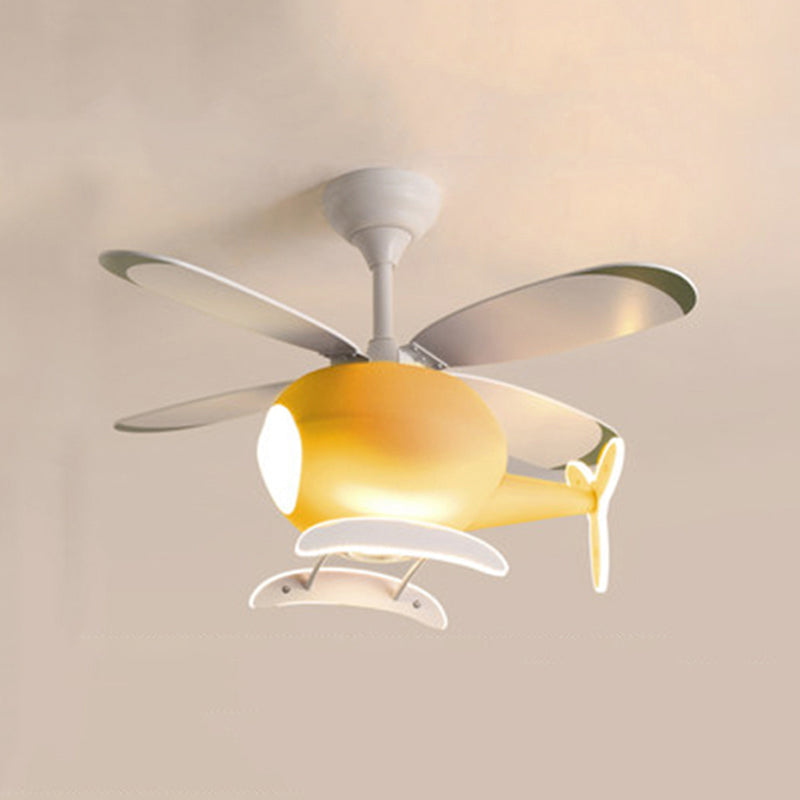 Cartoon Style Ceiling Fan Lamp Metal Semi Flush Mount Light Fixture with Wood Fan Blade