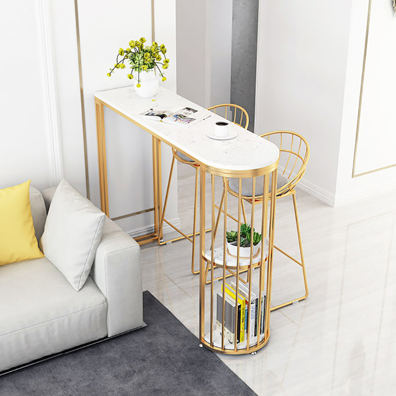 Glam White Faux Marble Pub Bar Table Gold Iron Double Pedestal Bar Dining Table with Shelf