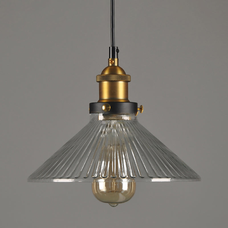 Café Conical Pendard Light Industrial Clear Glass 1-Bulb Brass Hanging Plafond Light