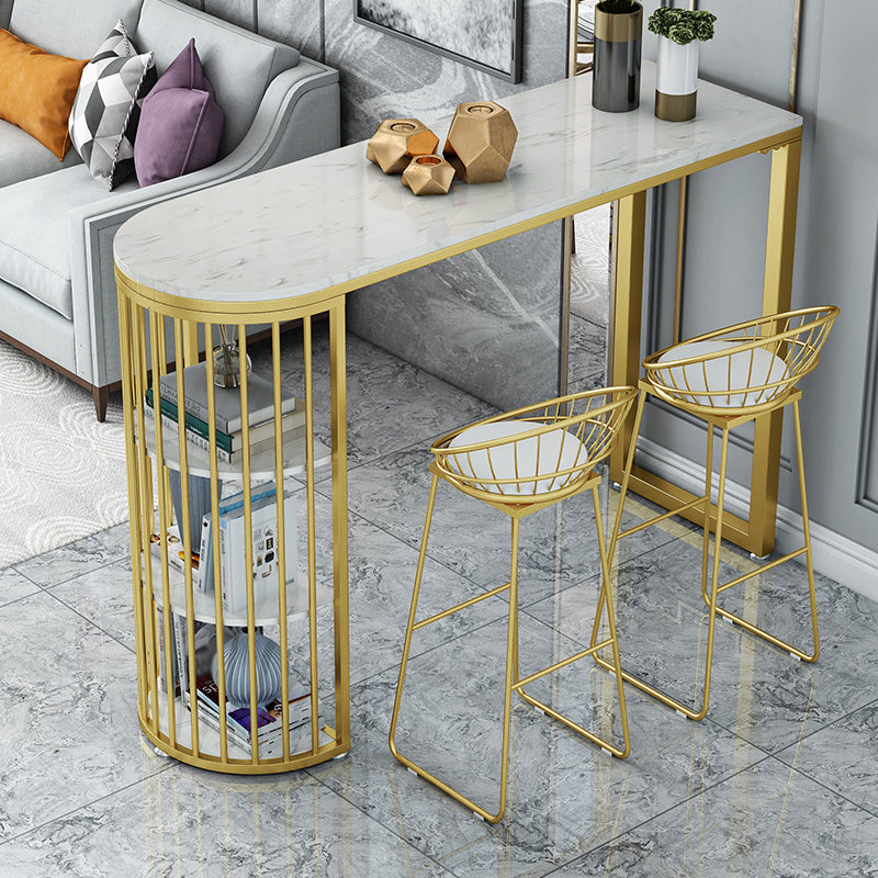 Glam Faux Marble Bistro Table Gold Iron Double Pedestal Bar Dining Table with 3-Shelf