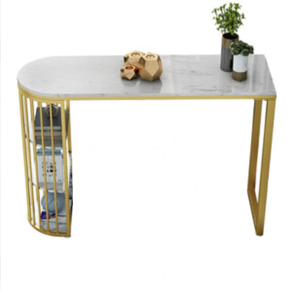 Glam Faux Marble Bistro Table Gold Iron Double Pedestal Bar Dining Table with 3-Shelf