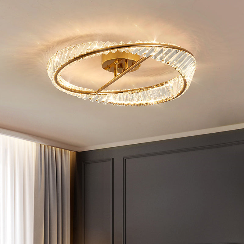 Modern Artistic LED Semi Flush Mount Electroplate Metal Linear Ceiling Light with Crystal Shade