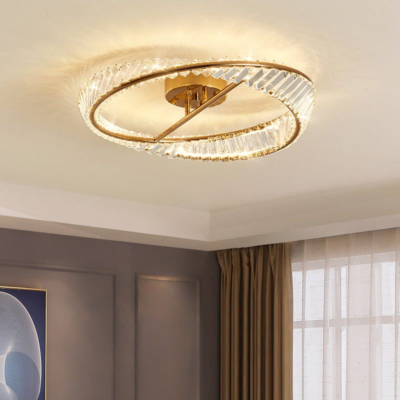 Modern Artistic LED Semi Flush Mount Electroplate Metal Linear Ceiling Light with Crystal Shade