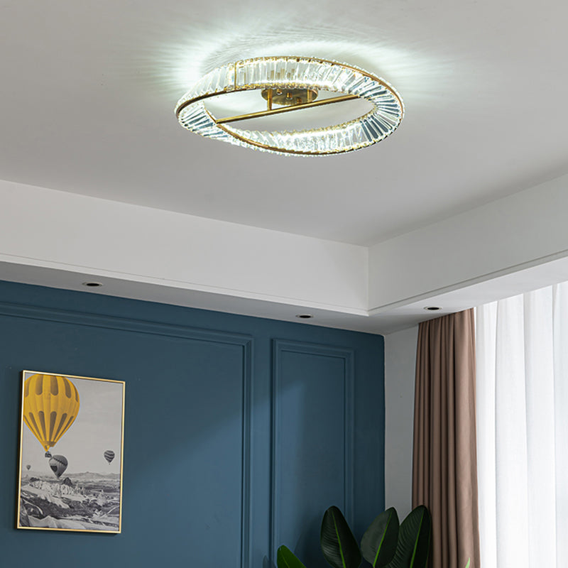 Modern Artistic LED Semi Flush Mount Electroplate Metal Linear Ceiling Light with Crystal Shade