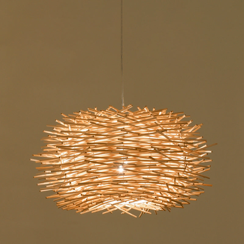 Bird's Nest Hanging Light Kit 1-Light Bamboo Asia Pendant Light for Dining Room