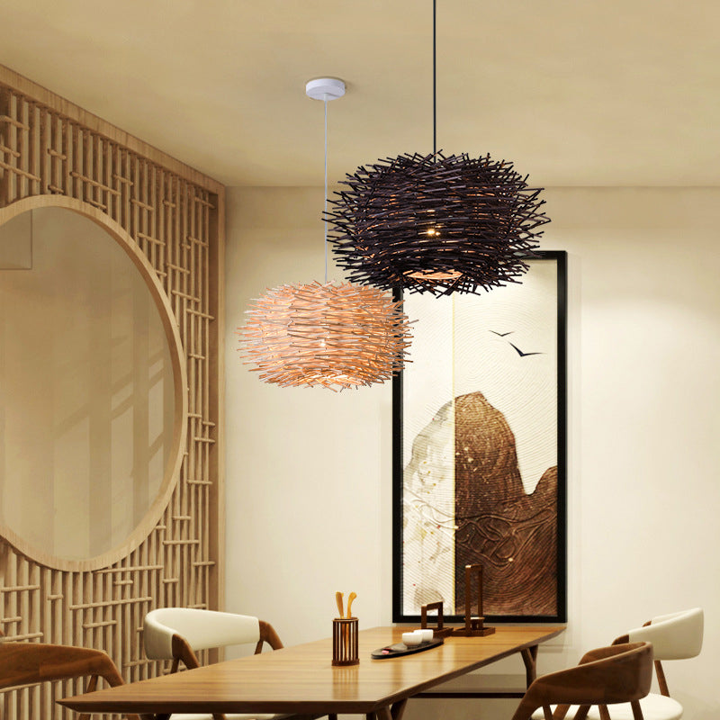 Bird's Nest Hanging Light Kit 1-Light Bamboo Asia Pendant Light for Dining Room