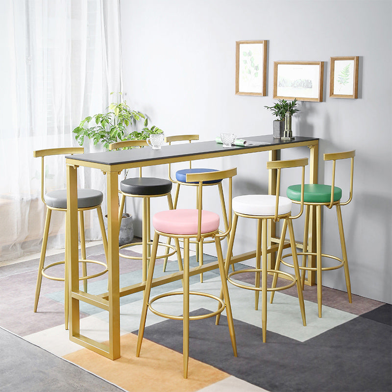 Glam Rectangle Stone Pub Bar Table Gold Iron Bar Dining Table with Trestle Pedestal