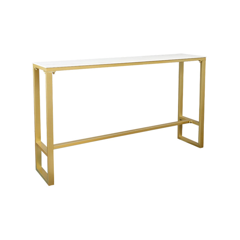 Glam Rectangle Stone Pub Bar Table Gold Iron Bar Dining Table with Trestle Pedestal