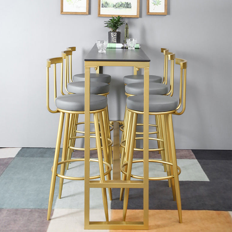 Glam Rectangle Stone Pub Bar Table Gold Iron Bar Dining Table with Trestle Pedestal