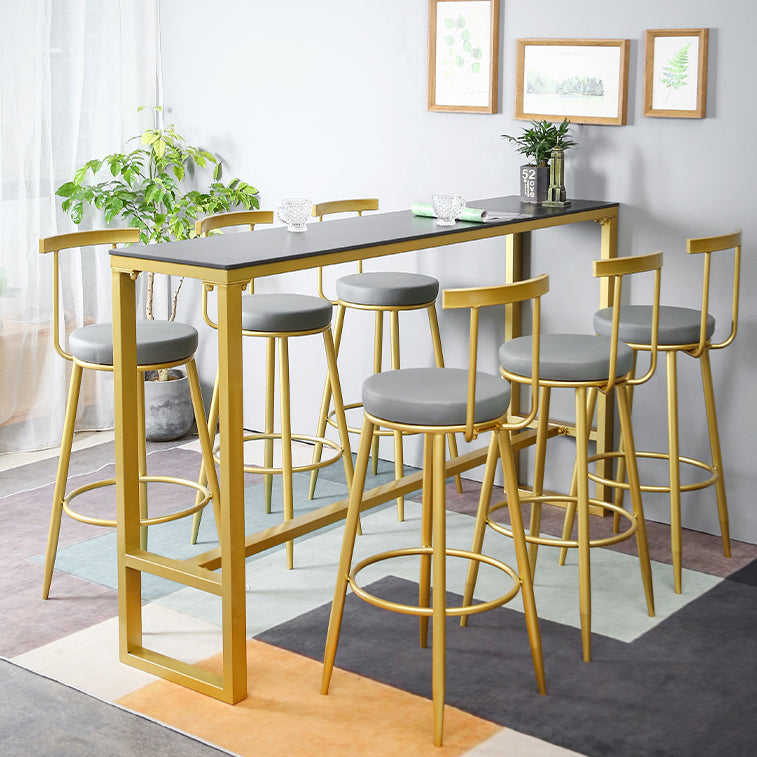 Glam Rectangle Stone Pub Bar Table Gold Iron Bar Dining Table with Trestle Pedestal