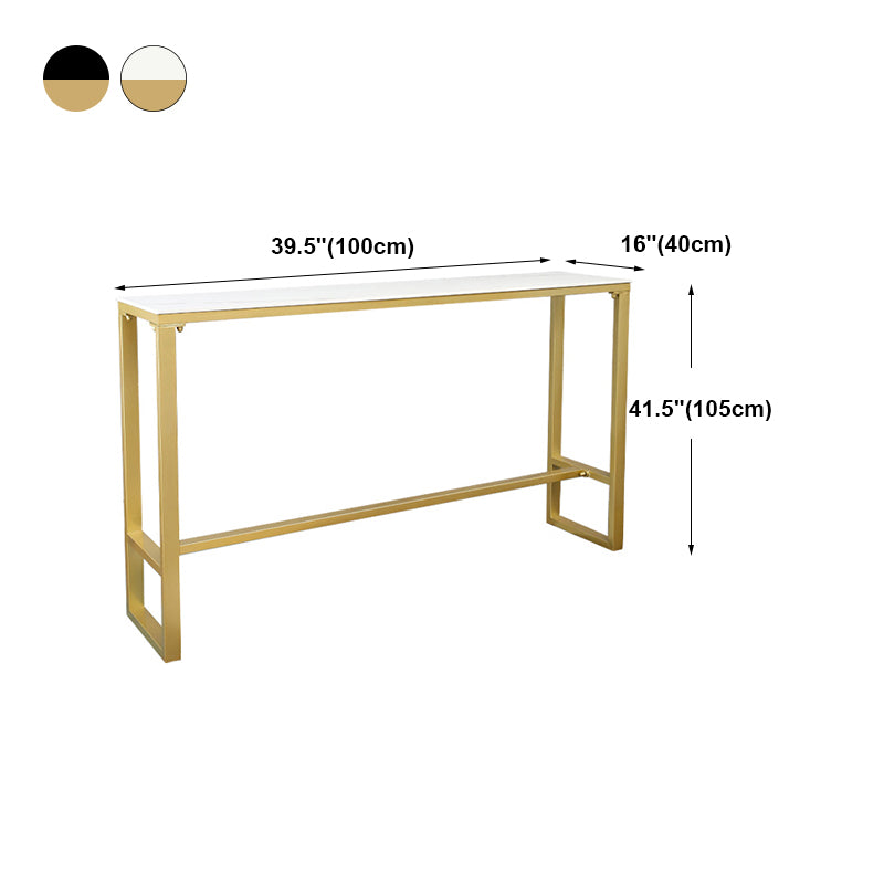 Glam Rectangle Stone Pub Bar Table Gold Iron Bar Dining Table with Trestle Pedestal