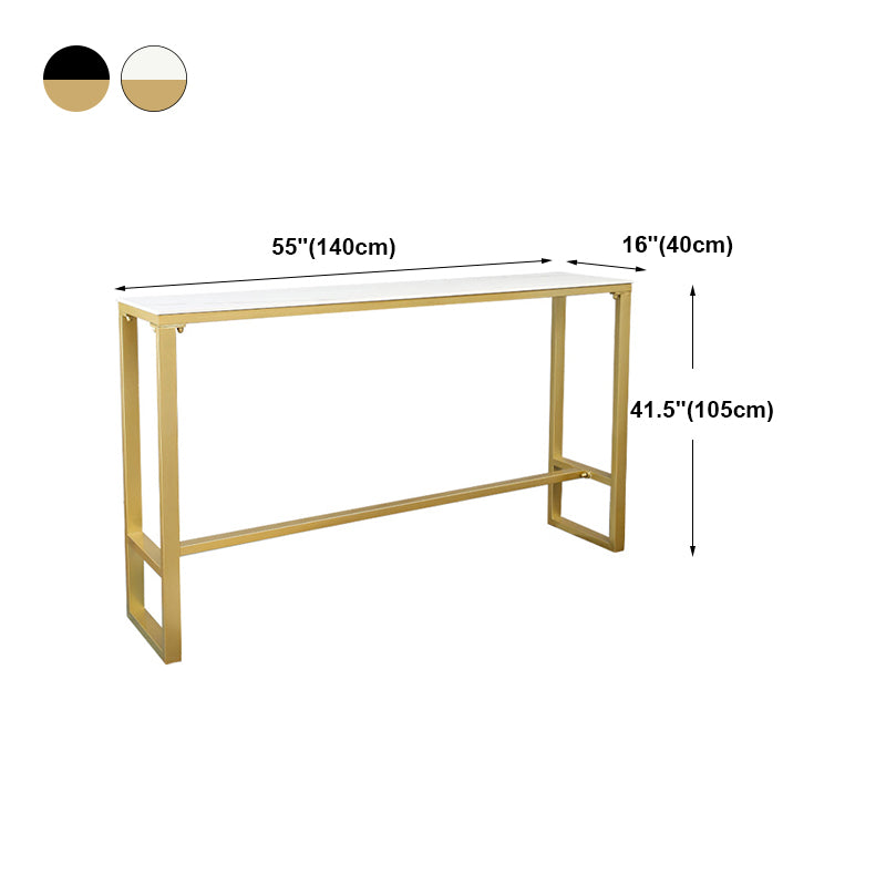 Glam Rectangle Stone Pub Bar Table Gold Iron Bar Dining Table with Trestle Pedestal