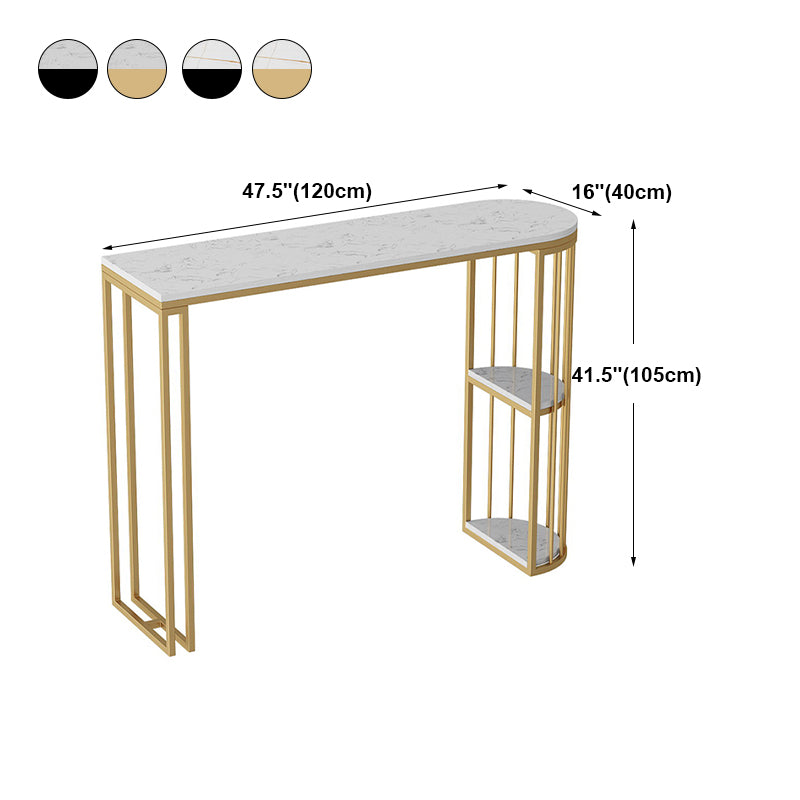 Glam White Stone Pub Bar Table Indoor Iron Double Pedestal Bar Dining Table with 2-Shelf