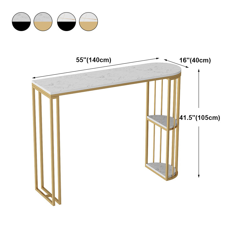 Glam White Stone Pub Bar Table Indoor Iron Double Pedestal Bar Dining Table with 2-Shelf