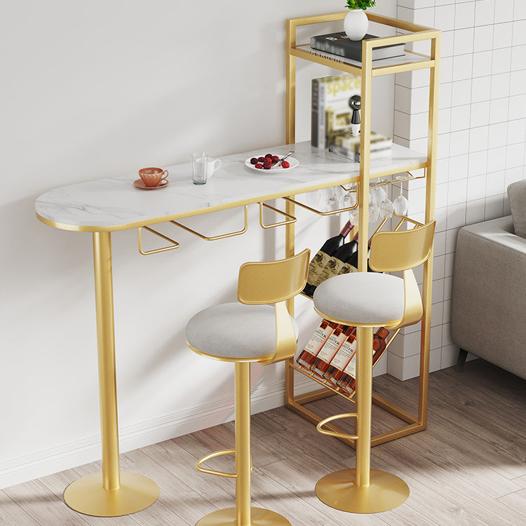 Glam Gold Iron Bar Table Faux Marble White Top 41.3"H Bistro Table with Wine Rack