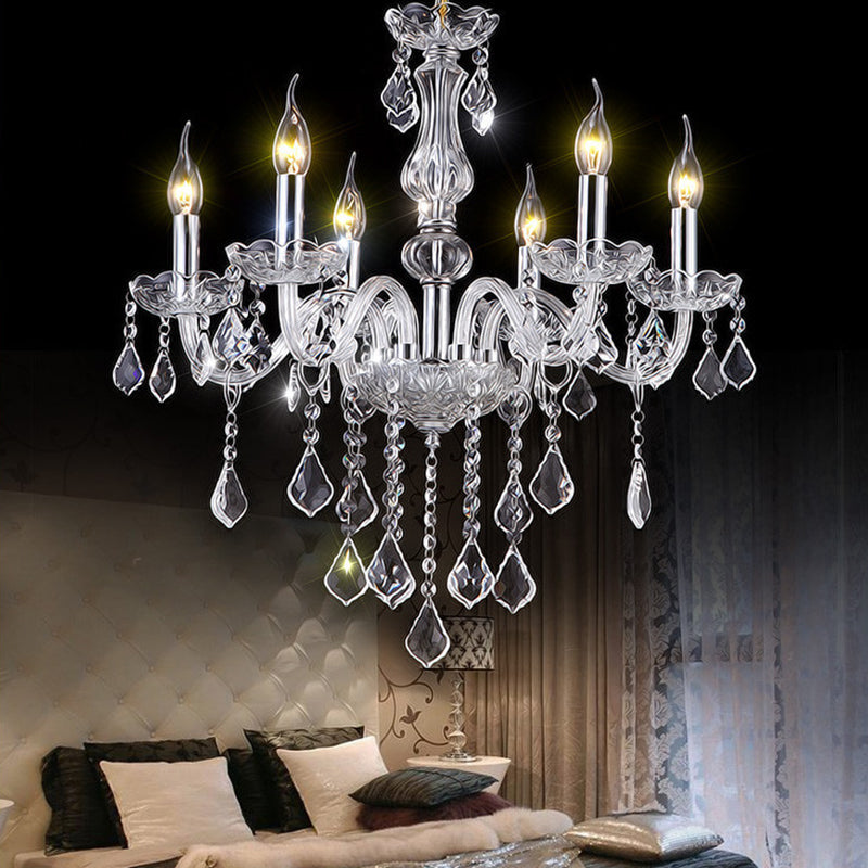 Candle Glass Chandelier Lighting Fixture Living Room Chandelier Lamp with Crystal Droplets