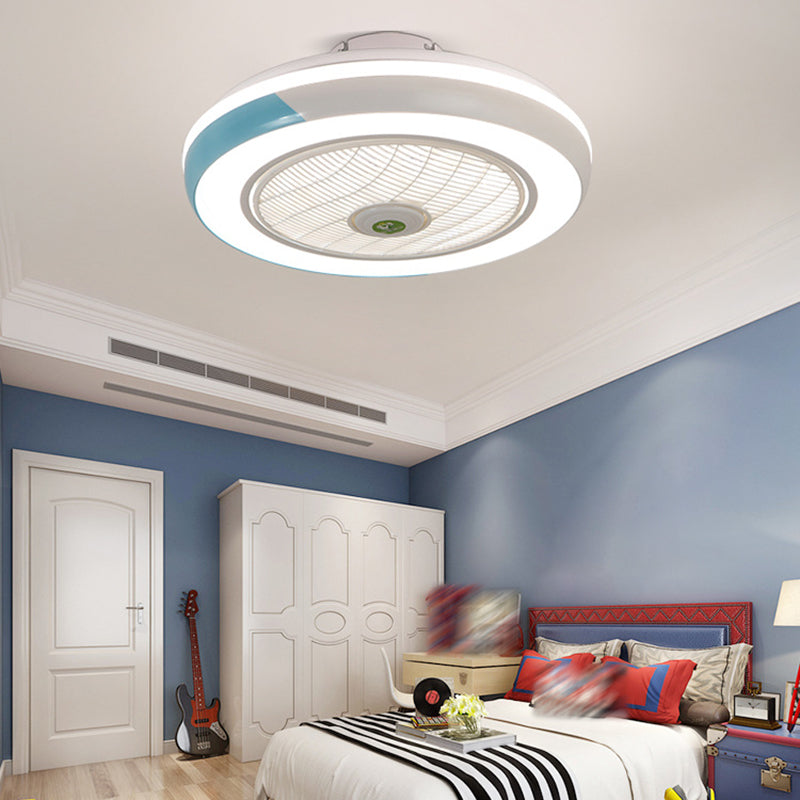 Modern Round Fan Light Fixture Metal LED Bedroom Semi Flush Mount Light