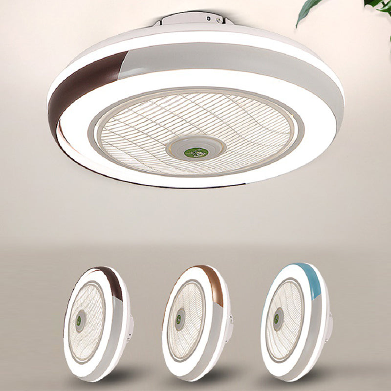 Modern Round Fan Light Fixture Metal LED Bedroom Semi Flush Mount Light